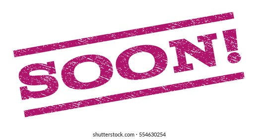 Soon! watermark stamp. Text tag between parallel lines with grunge design style. Rubber seal stamp with dirty texture. Vector purple color ink imprint on a white background.