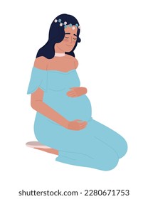 Soon-to-be mother hugging pregnant belly semi flat color vector character. Editable figure. Full body person on white. Simple cartoon style spot illustration for web graphic design and animation