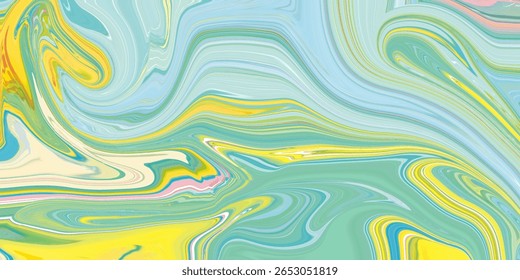 Arte abstrata suavizante com verde menta, amarelo suave e redemoinhos azuis pastel. Ideal para relaxar fundos, decoração e design contemporâneo.
