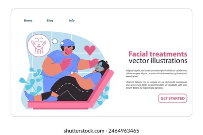 Soothing facial treatments. A client relaxes during a spa session with a mask application for skincare and rejuvenation. Flat vector illustration.