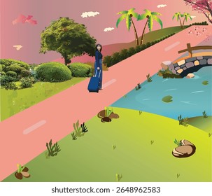 A soothing, heart-touching, relaxing and tranquil environment of natural beauty that rejuvenates a blue sweater girl with new adventures, unique experiences of dream road, trees, blossoms, water flow.