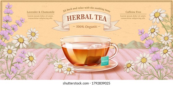 Soothing herbal tea ads on engraving lavender field background, 3d glass tea cup