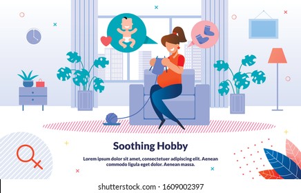 Soothing Hobby in Pregnancy Period Trendy Flat Vector Banner, Poster Template. Happy Pregnant Woman Knits Socks at Home, Lady Engaged in Hobby, Future Mother Preparing for Childbirth Illustration