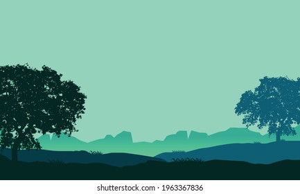 A soothing morning atmosphere with a view of the mountains and shady trees around it. Vector illustration of a city
