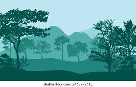A soothing morning atmosphere with a view of the mountains and shady trees around it. Vector illustration