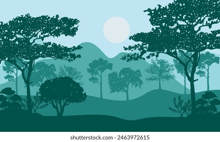 A soothing morning atmosphere with a view of the mountains and shady trees around it. Vector illustration