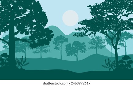 A soothing morning atmosphere with a view of the mountains and shady trees around it. Vector illustration