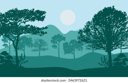A soothing morning atmosphere with a view of the mountains and shady trees around it. Vector illustration