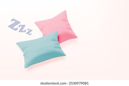 Uma suave imagem pastel-colorida com travesseiros cor-de-rosa e azul com um gráfico "Zzz", simbolizando descanso e sono. Perfeito para promover o relaxamento, produtos para dormir ou conforto para dormir.