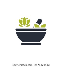 A soothing and tranquil icon that beautifully represents relaxation, featuring a mortar and pestle complemented by lush greenery, making it perfect for wellness, spa themes, and holistic practices