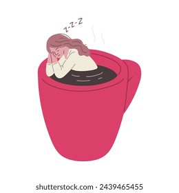 Soothing vector illustration capturing a person napping in a vibrant coffee cup, complete with dreamy z's floating above.