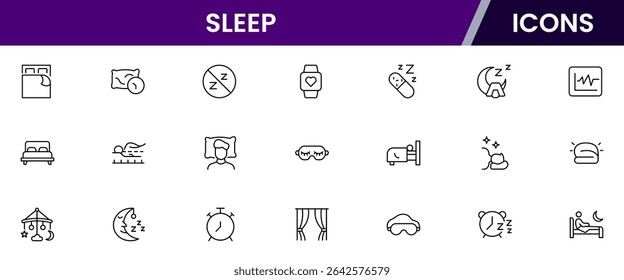 Soothing vector web line icons depicting sleep, beds, pillows, rest, relaxation, and wellness for healthy sleep routines and comfort.
