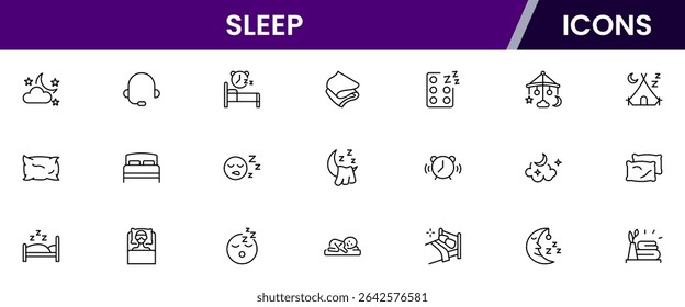 Soothing vector web line icons depicting sleep, beds, pillows, rest, relaxation, and wellness for healthy sleep routines and comfort.