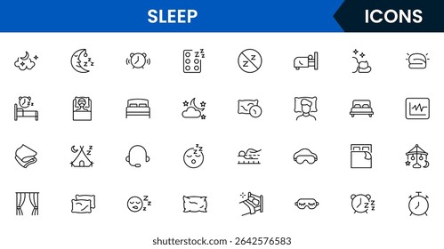 Soothing vector web line icons depicting sleep, beds, pillows, rest, relaxation, and wellness for healthy sleep routines and comfort.