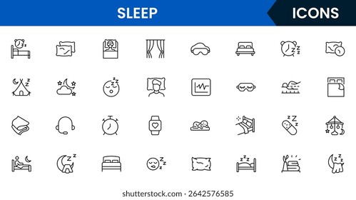 Soothing vector web line icons depicting sleep, beds, pillows, rest, relaxation, and wellness for healthy sleep routines and comfort.