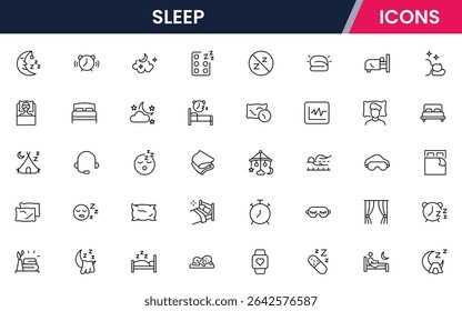 Soothing vector web line icons depicting sleep, beds, pillows, rest, relaxation, and wellness for healthy sleep routines and comfort.