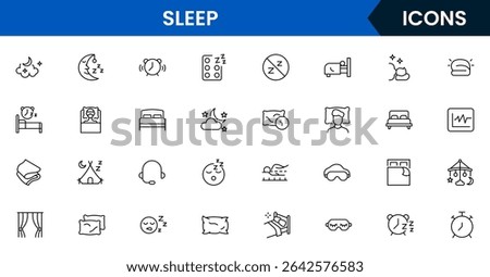 Soothing vector web line icons depicting sleep, beds, pillows, rest, relaxation, and wellness for healthy sleep routines and comfort.