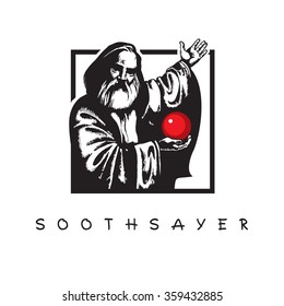 Soothsayer, alchemist. Old man with magic crystal ball. 
Vector black and white image on square frame.