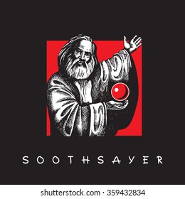Soothsayer. Old man with a beard and Crystal ball.
Vector black and white image on red square frame.