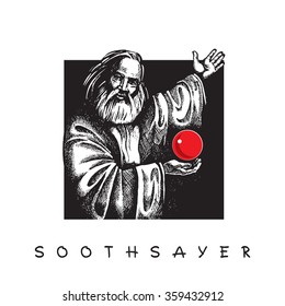 Soothsayer with red Crystal ball. 
Vector black and white image on black frame.