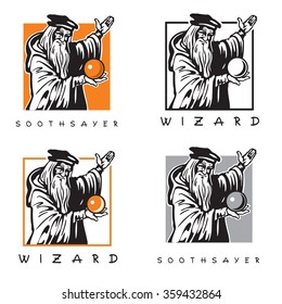 Soothsayer, wizard. Old man with magic crystal ball. 
Vector black and white image on square frame.