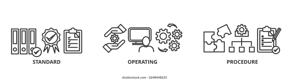 Conceito de ilustração vetorial de banner SOP para o procedimento operacional padrão com um ícone de instrução, qualidade, manual, processo, operação, sequência, fluxo de trabalho, iteração e quebra-cabeça