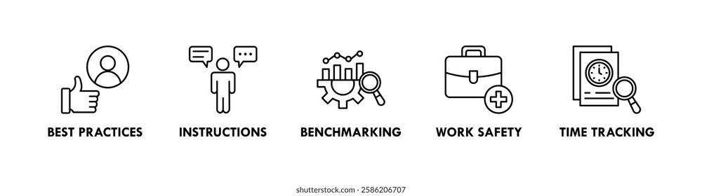 SOP banner web icon illustration concept with icon of best practices, instructions, benchmarking, work safety, and time tracking