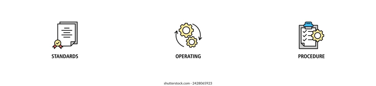 Conjunto de iconos web de banner SOP concepto de ilustración vectorial para el procedimiento operativo estándar con un icono de instrucción, calidad, manual, proceso, operación, secuencia, flujo de trabajo, iteración y puzzle