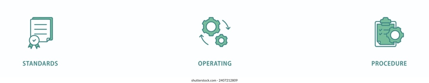 Icono web de banner de SOP concepto de ilustración vectorial para el procedimiento operativo estándar con un icono de instrucción, calidad, manual, proceso, operación, secuencia, flujo de trabajo, iteración y rompecabezas
