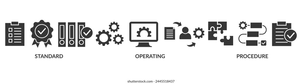 Concepto de Ilustración vectorial de iconos de Web de Anuncio SOP para el procedimiento operativo estándar con un icono de instrucción, calidad, manual, proceso, operación, secuencia, flujo de trabajo, iteración y rompecabezas