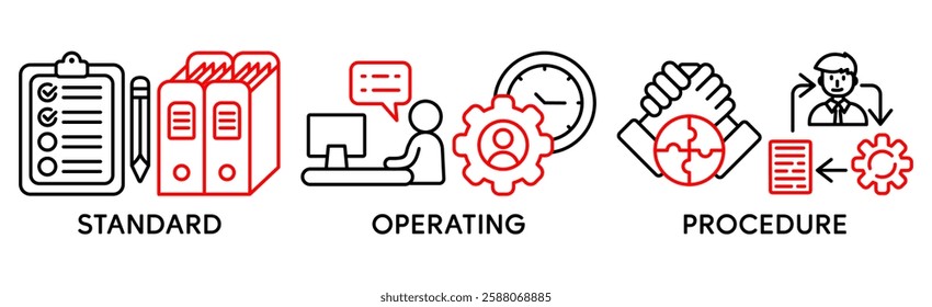 SOP banner web icon vector illustration concept for the standard operating procedure with an icon of instruction, quality, manual, process, operation, sequence, workflow, iteration, and puzzle