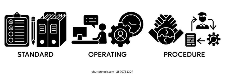 SOP banner web icon vector illustration concept for the standard operating procedure with an icon of instruction, quality, manual, process, operation, sequence, workflow, iteration, and puzzle