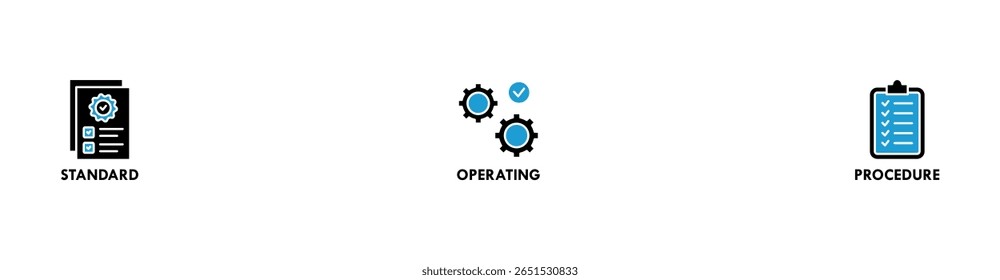 Ilustração vetorial do ícone da Web do banner do SOP para o procedimento operacional padrão com um ícone de instrução, qualidade, manual, processo, operação, sequência, fluxo de trabalho, iteração e quebra-cabeça