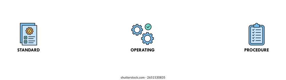 Ilustração vetorial do ícone da Web do banner do SOP para o procedimento operacional padrão com um ícone de instrução, qualidade, manual, processo, operação, sequência, fluxo de trabalho, iteração e quebra-cabeça