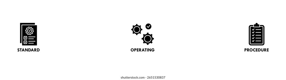 Ilustração vetorial do ícone da Web do banner do SOP para o procedimento operacional padrão com um ícone de instrução, qualidade, manual, processo, operação, sequência, fluxo de trabalho, iteração e quebra-cabeça