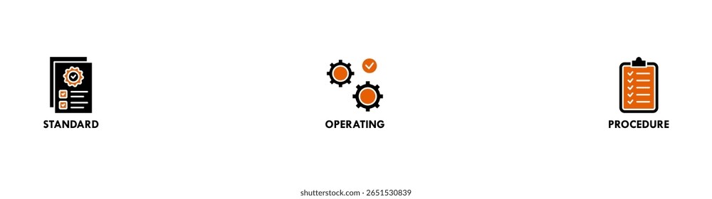 Ilustração vetorial do ícone da Web do banner do SOP para o procedimento operacional padrão com um ícone de instrução, qualidade, manual, processo, operação, sequência, fluxo de trabalho, iteração e quebra-cabeça