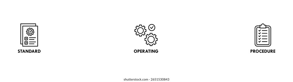 Ilustração vetorial do ícone da Web do banner do SOP para o procedimento operacional padrão com um ícone de instrução, qualidade, manual, processo, operação, sequência, fluxo de trabalho, iteração e quebra-cabeça