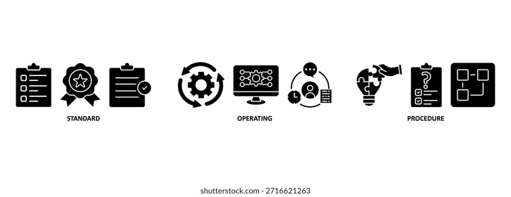 Concepto de Ilustración vectorial de iconos de Web de Anuncio SOP para el procedimiento operativo estándar con un icono de instrucción, calidad, manual, proceso, operación, secuencia, flujo de trabajo, iteración y rompecabezas