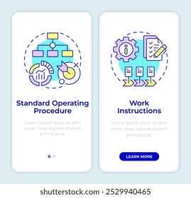 SOP benefits onboarding mobile app screen. Operating procedures. Walkthrough 2 steps editable graphic instructions with linear concepts. UI, UX, GUI template