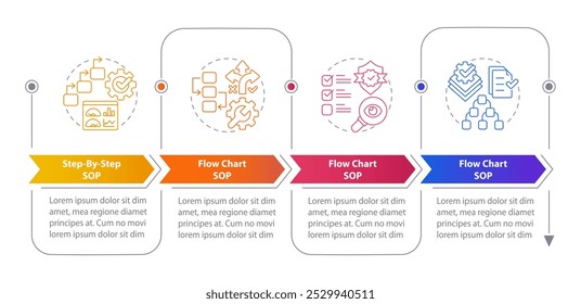 SOP bietet rechteckige Infografiken. Arbeitsanweisungen, Branchenstandards. Optionen für Visualisierungsvorlage 2. Horizontales Flussdiagramm mit Liniensymbolen