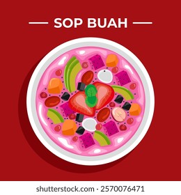 Sop Buah or Fruit soup is a fresh drink made from various kinds of fruit, milk, syrup and ice cubes.