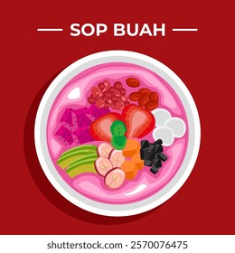 Sop Buah or Fruit soup is a fresh drink made from various kinds of fruit, milk, syrup and ice cubes.