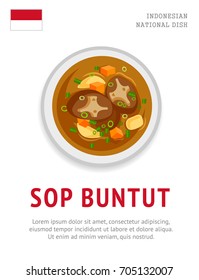 Sop buntut. National indonesian dish. View from above. Vector flat illustration.