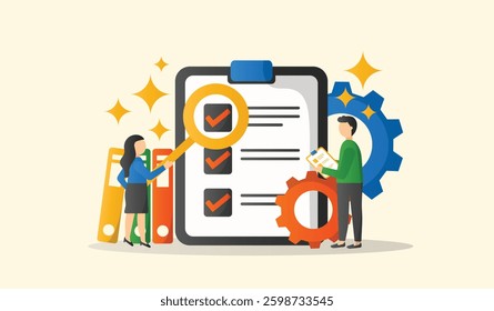 SOP cartoon characters web banner. Vector illustration business concept for the standard operating procedure with an icon of instruction to assist employee in complex routine operations.