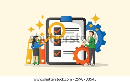 SOP cartoon characters web banner. Vector illustration business concept for the standard operating procedure with an icon of instruction to assist employee in complex routine operations.