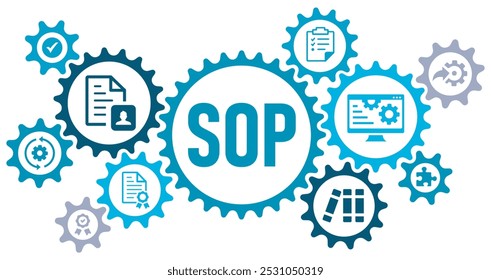 SOP concept banner web icons vector illustration concept with icons of standard, operating, procedure, instruction, quality, manual, process, operation, sequence, workflow on white background.
