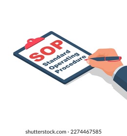 SOP concept. Human writes to the clipboard Standard Operating Procedure. Step-by-step work instruction. Organization of process. Vector illustration. Planning symbol for successful people. 
