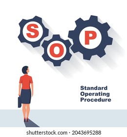 SOP-Konzept. Standardarbeitsanweisung. Schritt-für-Schritt-Arbeitsanleitung. Organisation des Prozesses. Flaches Vektorgrafik-Design. Einzeln auf weißem Hintergrund. Planungssymbol für erfolgreiche Menschen.