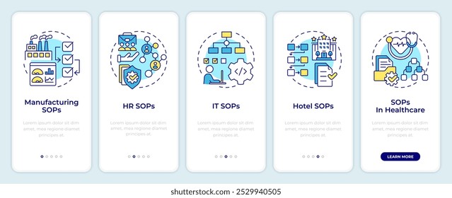 Ejemplos de control SOP incorporando la pantalla del App móvil. Instrucciones gráficas editables de 5 pasos con conceptos lineales. PLANTILLA UI, UX, GUI