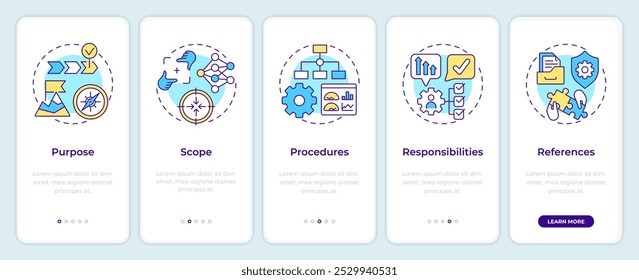 SOP key components onboarding mobile app screen. Walkthrough 5 steps editable graphic instructions with linear concepts. UI, UX, GUI template